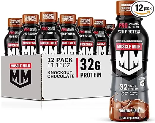 Muscle Milk Pro Advanced Nutrition Protein Shake, Knockout Chocolate, 11.16 Fl Oz (Pack of 12), 32g Protein, 1g Sugar, 16 Vitamins & Minerals, 5g Fiber, Workout Recovery, Energizing Snack, Packaging May Vary