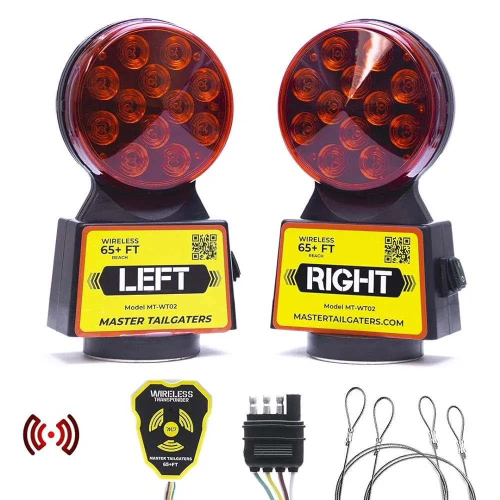 Master Tailgaters Wireless Trailer Tow Lights | Multi Functional Signal Lights | Sturdy Magnetic Mount | 65 Feet Range | 4 Pin Blade Connection | Safety Straps Included