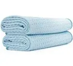 The Rag Company - Dry Me A River - Professional Korean 70/30 Blend Microfiber Waffle-Weave Drying & Detailing Towels, Soft Suede Edges, 390GSM, 20in x 40in, Light Blue (2-Pack)