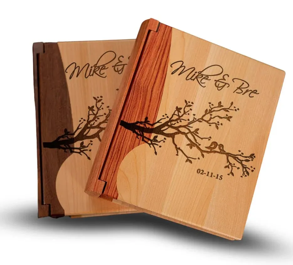 Custom Engraved Wooden Photo Album, with Lovedbirds Design on Front for Happy ...