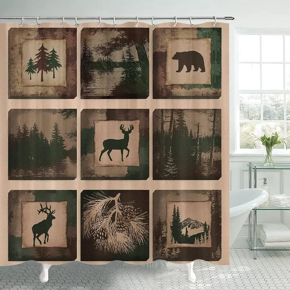 Lierpit Farmhouse Shower Curtain Bear Moose Deer Shower Curtain Country Style ...