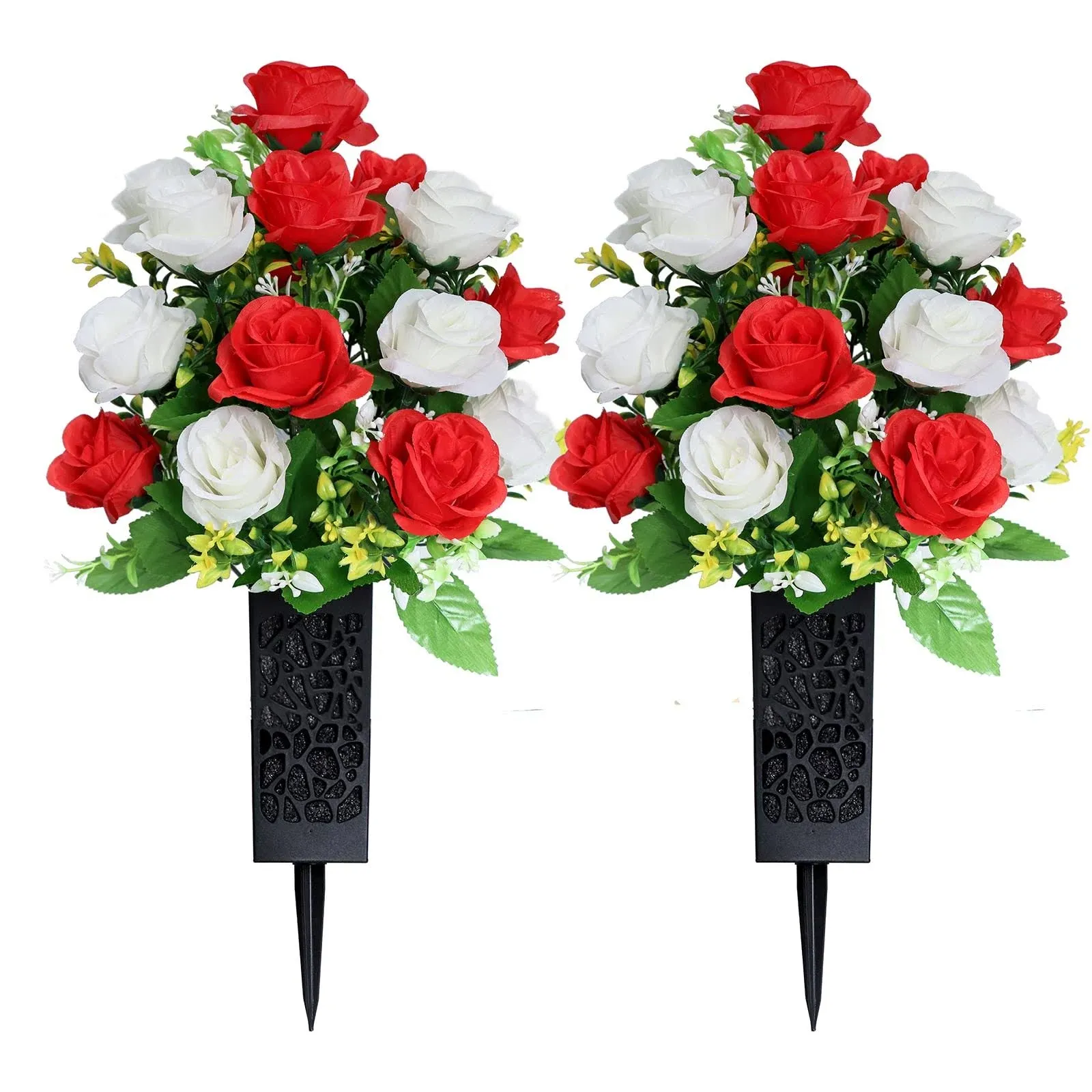 2 Sets Artificial Cemetery Flowers,Memorial Flowers,Beautiful Arrangements for Headstones,Black Plastic vase with Drainage Hole Long Spikes Outdoor Memorials (Red and White)…