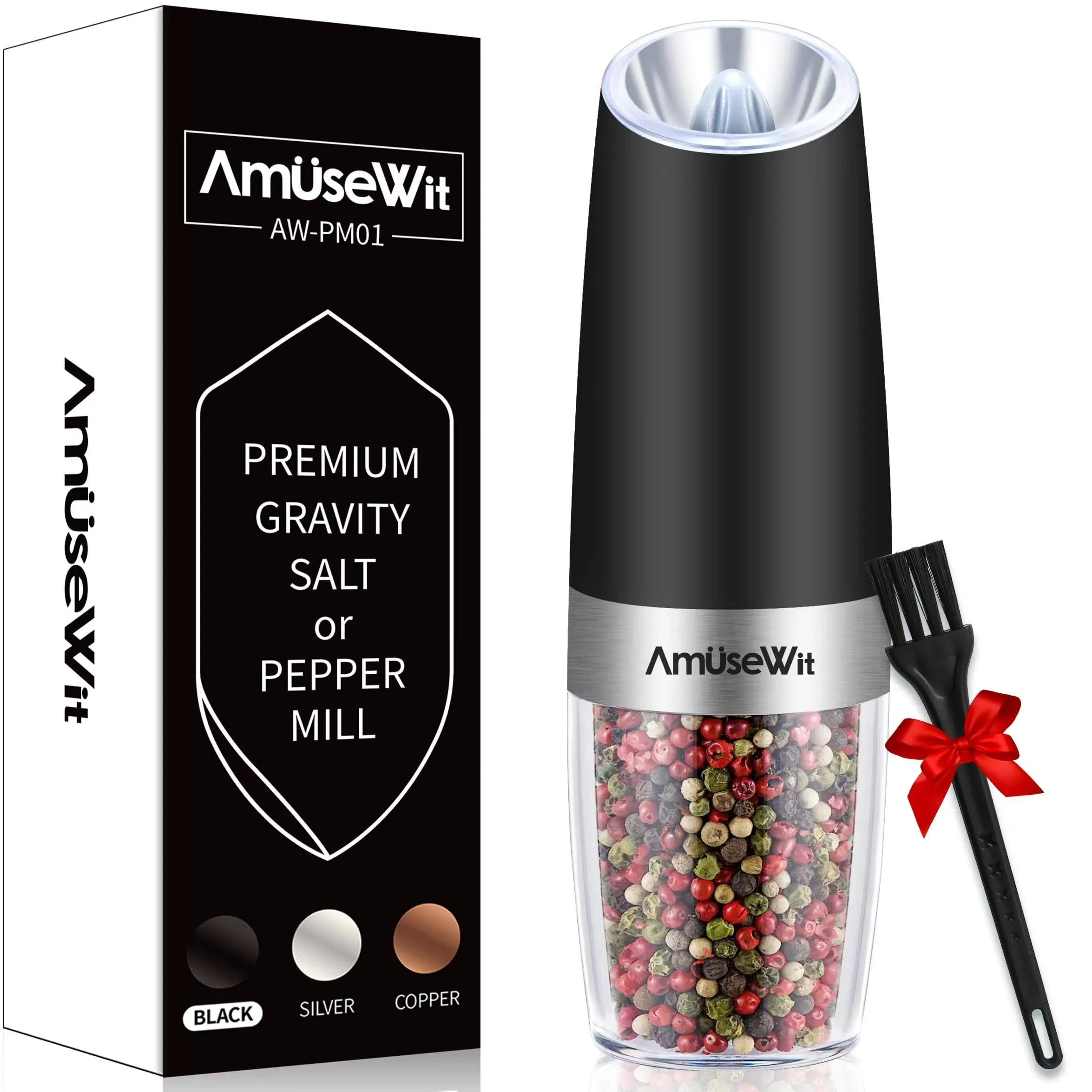 AmuseWit Electric Gravity Pepper Mill or Salt Grinder Mill White Light Battery ...