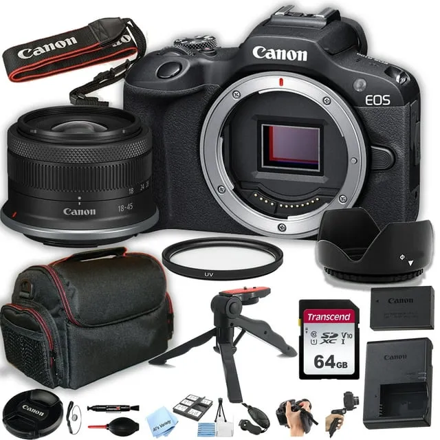 Canon EOS R100 Mirrorless Camera with 18-45mm Lens+ 64GB Memory, Case, Gripster Tripodpod, and More (26pc Bundle)