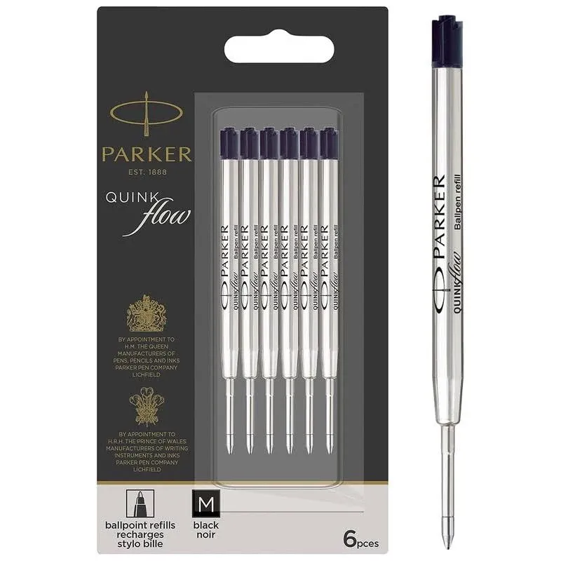 Parker QUINKflow Ballpoint Pen Refills, Medium Point, Black Ink, 6 Count Value Pack - Compatible with Parker Jotter Pens