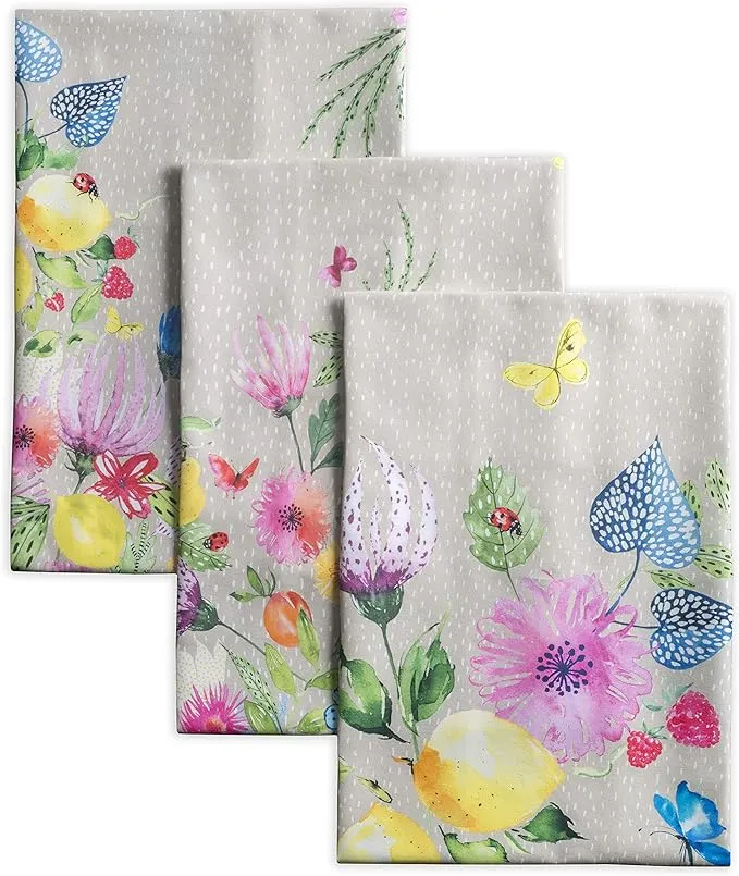 Maison d' Hermine Dish Towels 100% Cotton Kitchen Towels Absorbent Dishcloth for Home, Kitchen, Dining, Cocktail Parties & Camping, Jardin D'Ete - Fog - Spring/Summer (Set of 3)