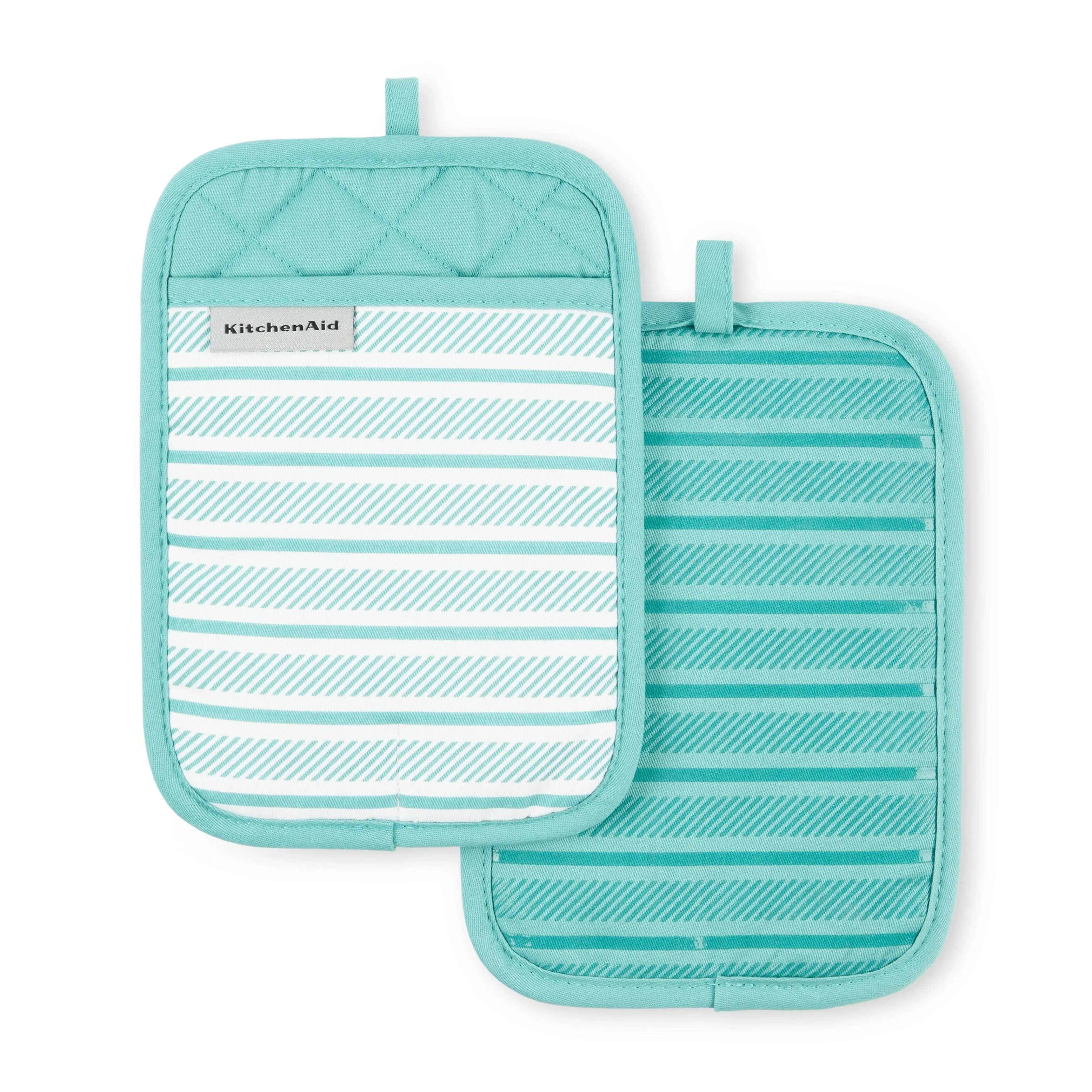 KitchenAid Albany Pot Holder Set - Aqua Sky Blue - 100% Cotton with Slip-Resistant Silicone Grip - Heat Resistant - Set of 2 - 7x10 Inches