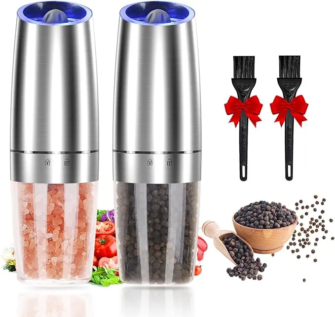 Gravity Electric Salt and Pepper Grinder Set of 2, Adjustable Coarseness, Automatic Mill Grinder, Battery Powered with Blue LED Light, One Hand Operated (Sliver 2 Pack)