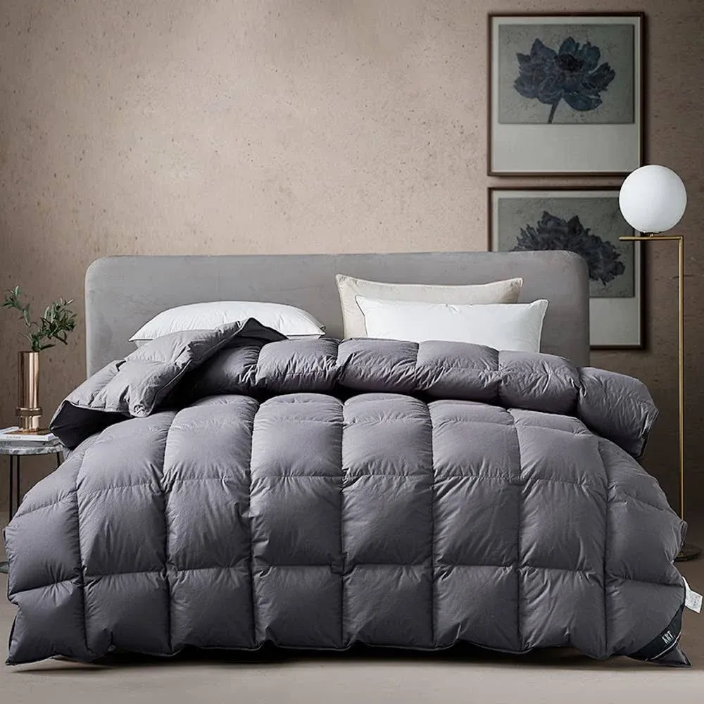 KRT Luxurious Goose Feathers Down Comforter - Dark Grey King Size 60 Oz Medium Weight Duvet Insert - 100% Cotton Cover with 8 Corner Tabs (King All-Season, 106''x90'')