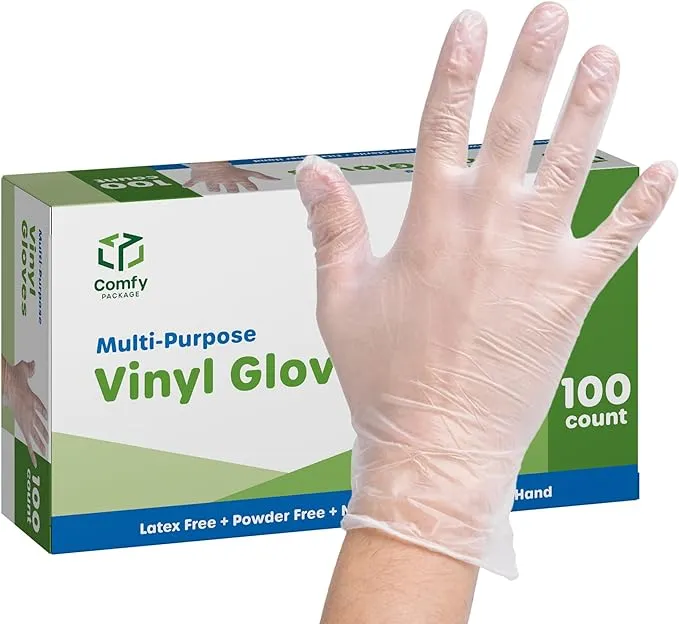 Comfy Package [100 Count Disposable Vinyl Gloves, Powder Free, Latex Free, Clear Gloves for Cooking and cleaning - Medium