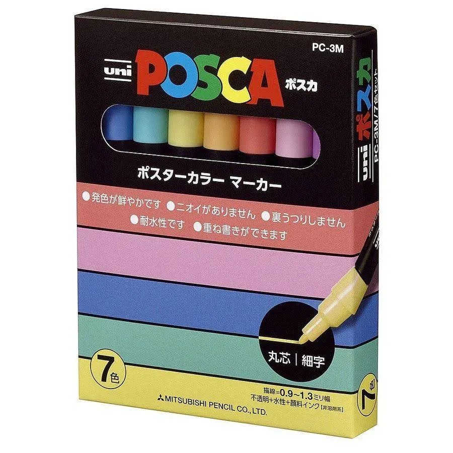 PC-3M 7C Uni Posca Paint Marker Pen, Fine Point, Set of 7