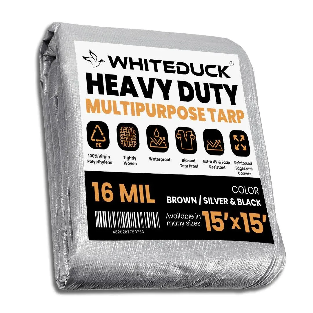 WHITEDUCK Super Heavy Duty Poly Tarp Cover 16 Mil & 10 Mil with Grommets and Reinforced Edges (Brown, White & Silver Black) (Silver Black- 16 Mil, 4' x 20')