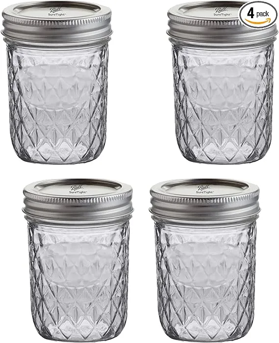 Regular Mouth Quilted Crystal Jelly Mason Jars 8 oz - (4 Pack) - Ball 8-Ounce Quilted Crystal Jelly Jars with Lids and Bands - For Canning, Fermenting, Pickling, Freezing - Glass jar, Microwave & Dishwasher Safe