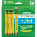 Ticonderoga My First Short Triangular Wood-Cased Pencils, 2 HB Soft, with Erasers, Yellow, 12 Count