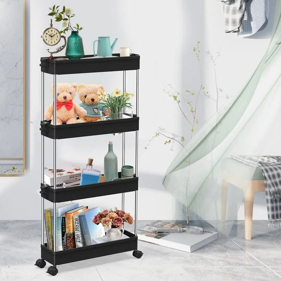 SPACEKEEPER Slim Rolling Storage Cart 4 Tier Organizer Mobile Shelving Unit Utility Cart Tower Rack for Kitchen Bathroom Laundry Narrow Places, Black