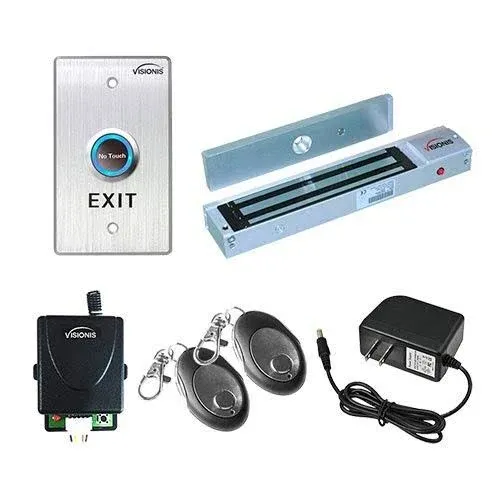 Visionis FPC-7470 One Door Access Control Outswinging Door 600lbs Electromagnetic Lock Kit with Wireless Receiver and Remote Magnetic Lock System with VIS-7013 No Touch Contactless Exit Button