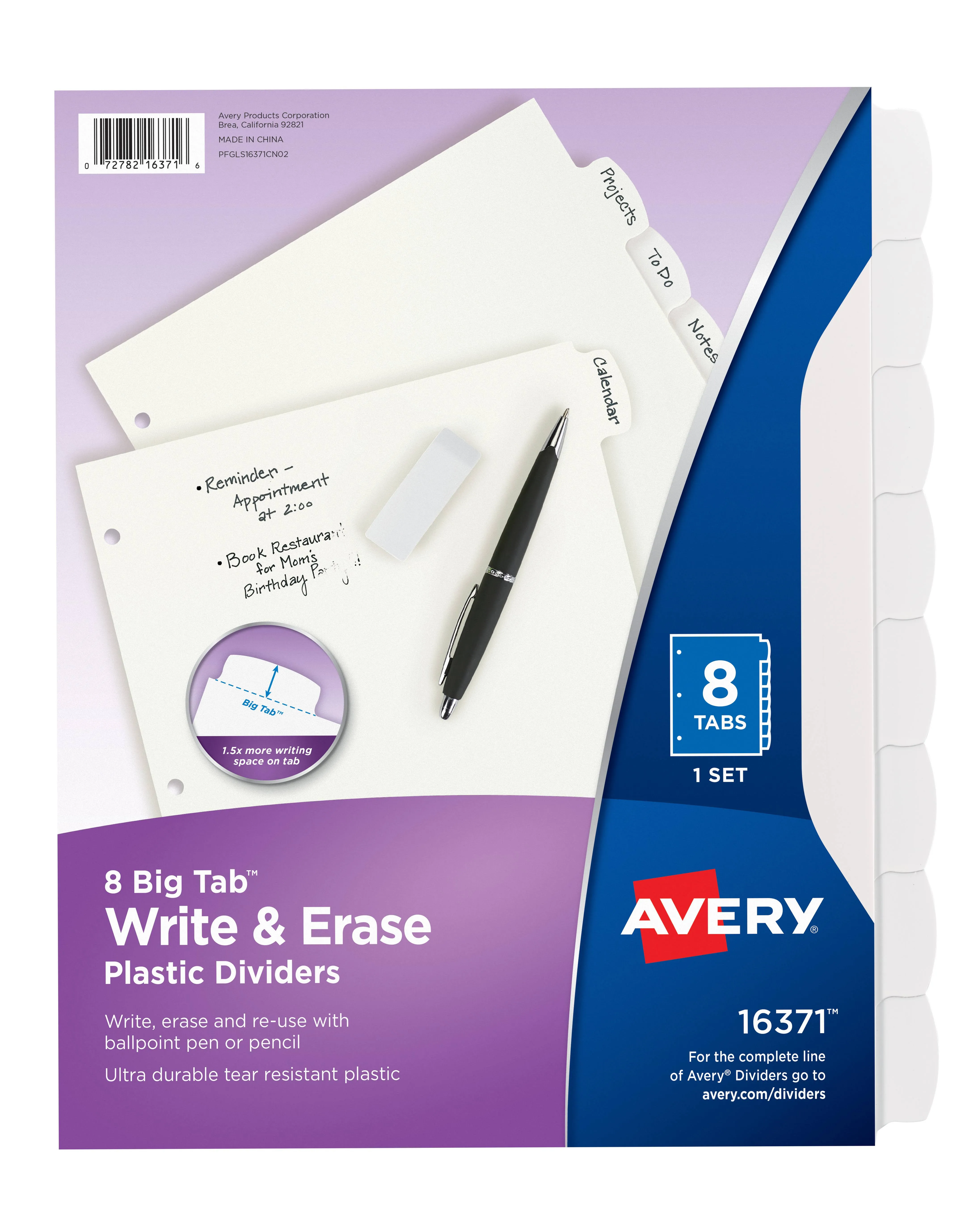 Avery Big Tab Write & Erase Plastic Dividers, 8 Tabs, White (16371)