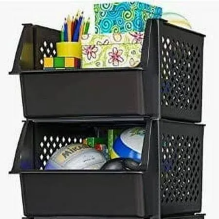 Skywin Plastic Stackable Storage Bins for Pantry - 2 Pack Stackable Bins for Organizing Food, Kitchen, and Bathroom Essentials (Black)