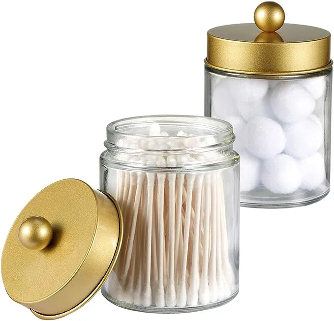 Apothecary Jars Bathroom Countertop Storage Organizer Canister - Cute Qtip Dispenser Holder Glass with Lid- for Cotton Swabs,Bath Salts,Hair Band / 2-Pack(Gold)Apothecary Jars Bathroom Countertop Storage Organizer…