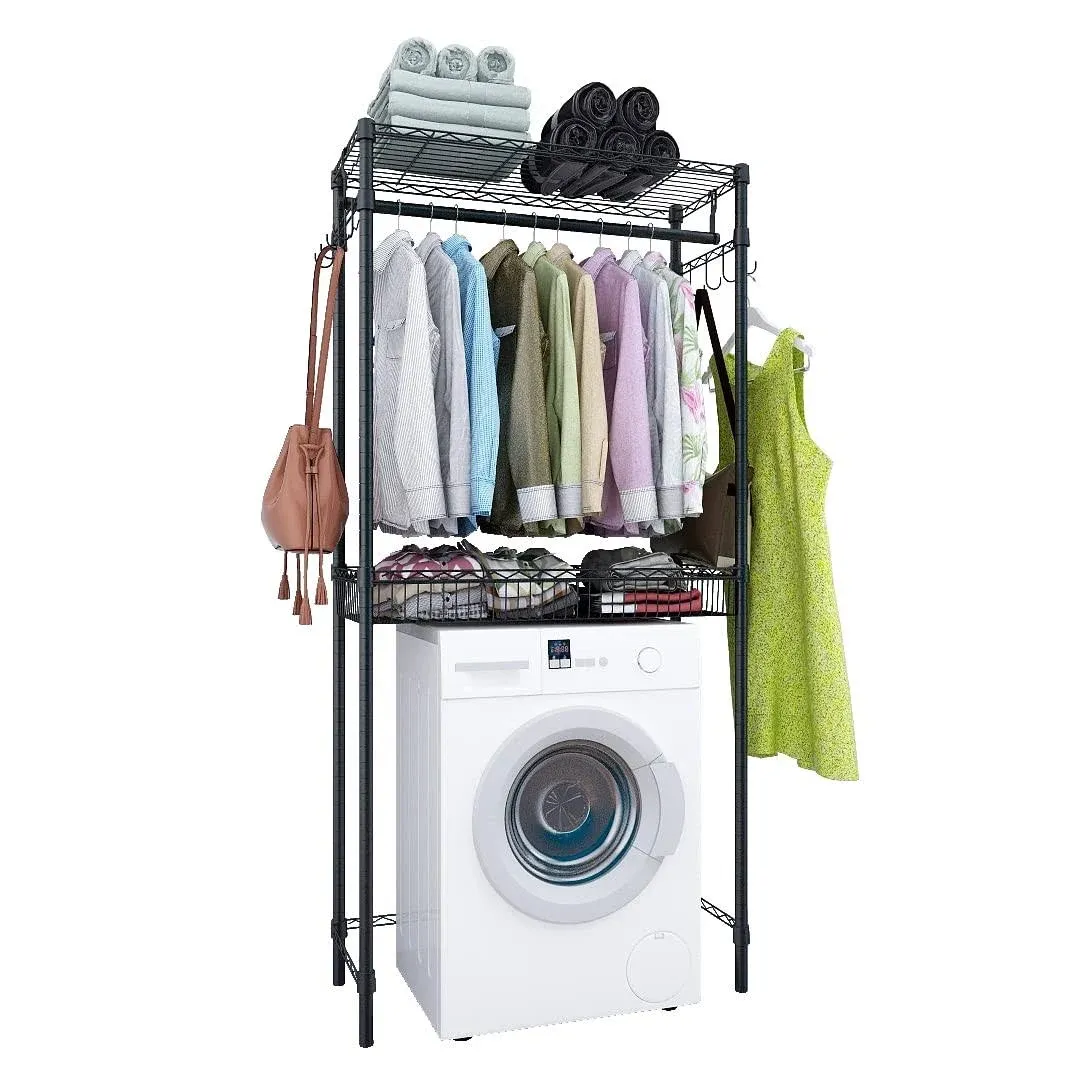 Xiofio Over The Washer and Dryer Storage Shelf 2 Tier Adjustable Height Wire Basket and Side Hook Laundry Shelves Used for Bathroom Bedroom Balcony Drying Rack Towel Rack Handbag Rack ，Black