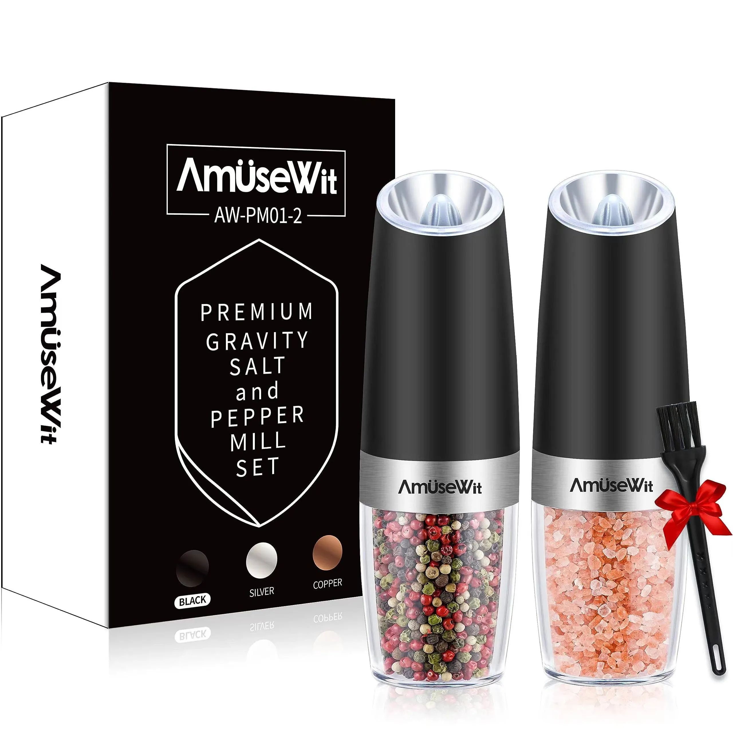 Gravity Electric Pepper and Salt Grinder Set White Light with Battery, Adju...