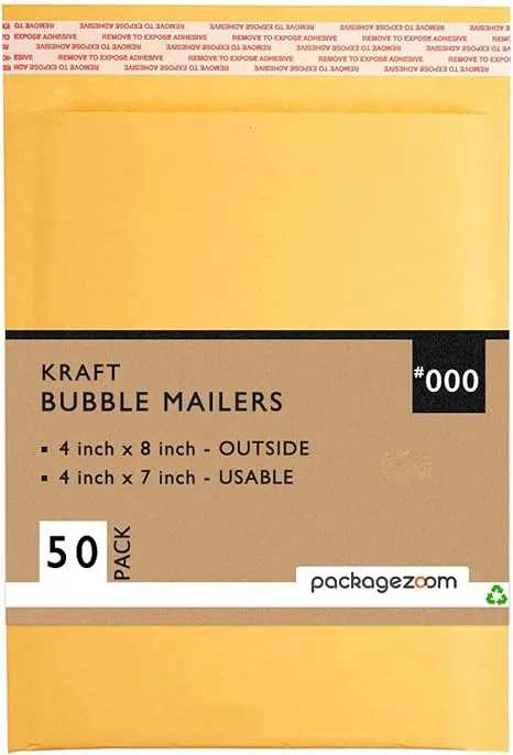 PackageZoom 4x8” Kraft Bubble Mailer 50 Pack, Self-Seal Bubble Envelopes, Packaging For Businesses Waterproof Padded Envelopes Mailers #000