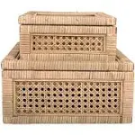 Creative Co-Op Boho Woven Cane and Rattan Display Boxes with Glass Lids, Set of 2 Sizes, Natural