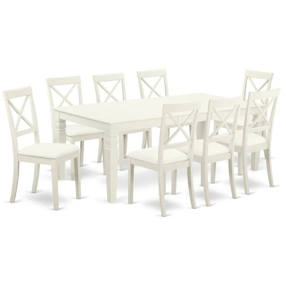 East West Furniture Logan 9-Piece Dining Set with Leather Chairs in Linen White - LGBO9-LWH-LC