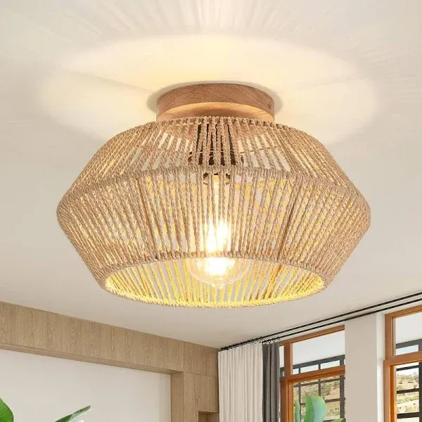 DESGNT Woven Rattan Ceiling Light Fixtures Boho Semi Flush Mount Hand-Woven Cage ...