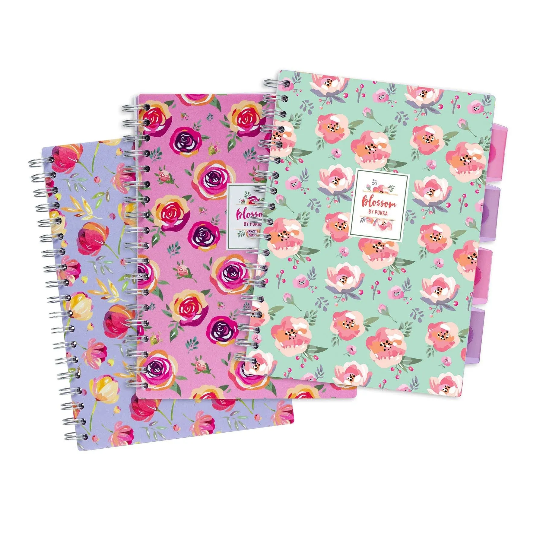 Pukka Pad 5 Subject Spiral Notebook 3-Pack - 200 Pages, 100 Sheets of 80GSM Paper with Repositionable Dividers & Perforated Edges for School & Office Planning & Organization - B5-7 X 10, Blossom