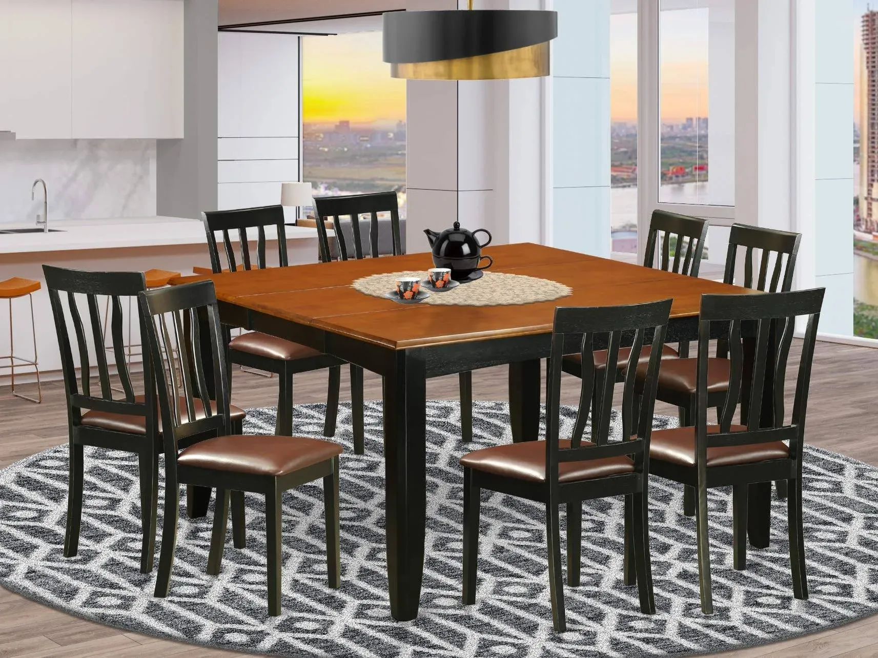 East West Furniture PFAN9-BCH-LC 9 Piece Dining Room Table Set Includes a Square Kitchen Table with Butterfly Leaf and 8 Faux Leather Upholstered Dining Chairs, 54x54 Inch, Black & Cherry