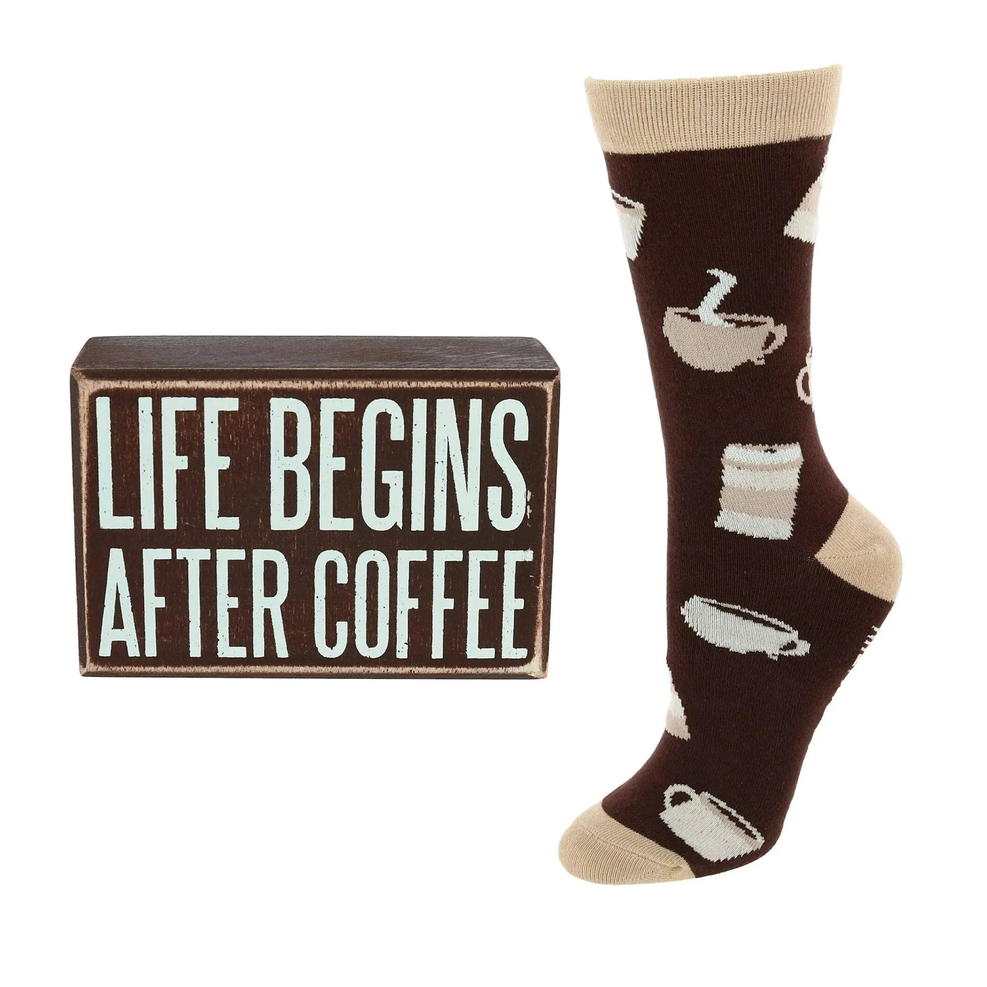 Primitives by Kathy Life Begins After Coffee Box Sign & Socks Gift Set