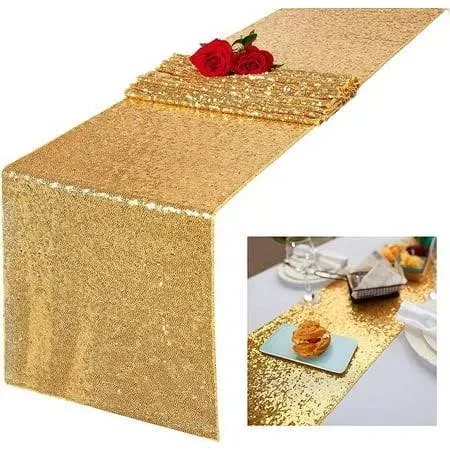 Glitter Gold Table Runners-12 by 108 Inch Luxury Linens -Gold Event Outdoor Party Supplies Fabric Decorations Gift Package for Holiday Wedding Birthday Baby Shower Dining Room Table Decor