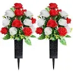 2 Sets Artificial Cemetery Flowers,Memorial Flowers,Beautiful Arrangements for Headstones,Black Plastic vase with Drainage Hole Long Spikes Outdoor Memorials (Red and White)…