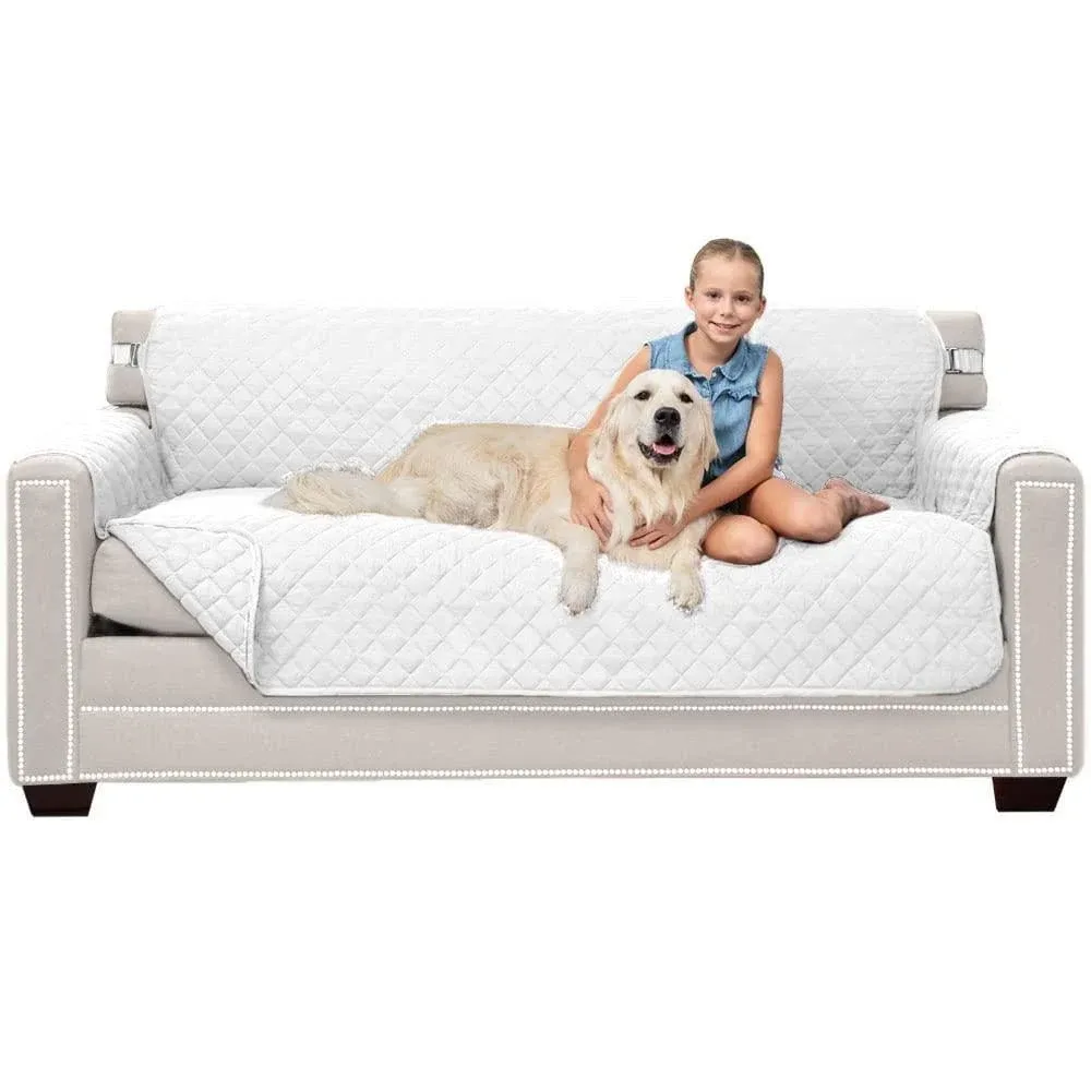 Sofa Shield Couch Slip Cover with Patented Strap, Large Cushion Protector, Reversible Stain and Dog Tear Resistant Slipcover, Quilted Microfiber 70” Seat, Washable Covers for Dogs Pets Kids, White