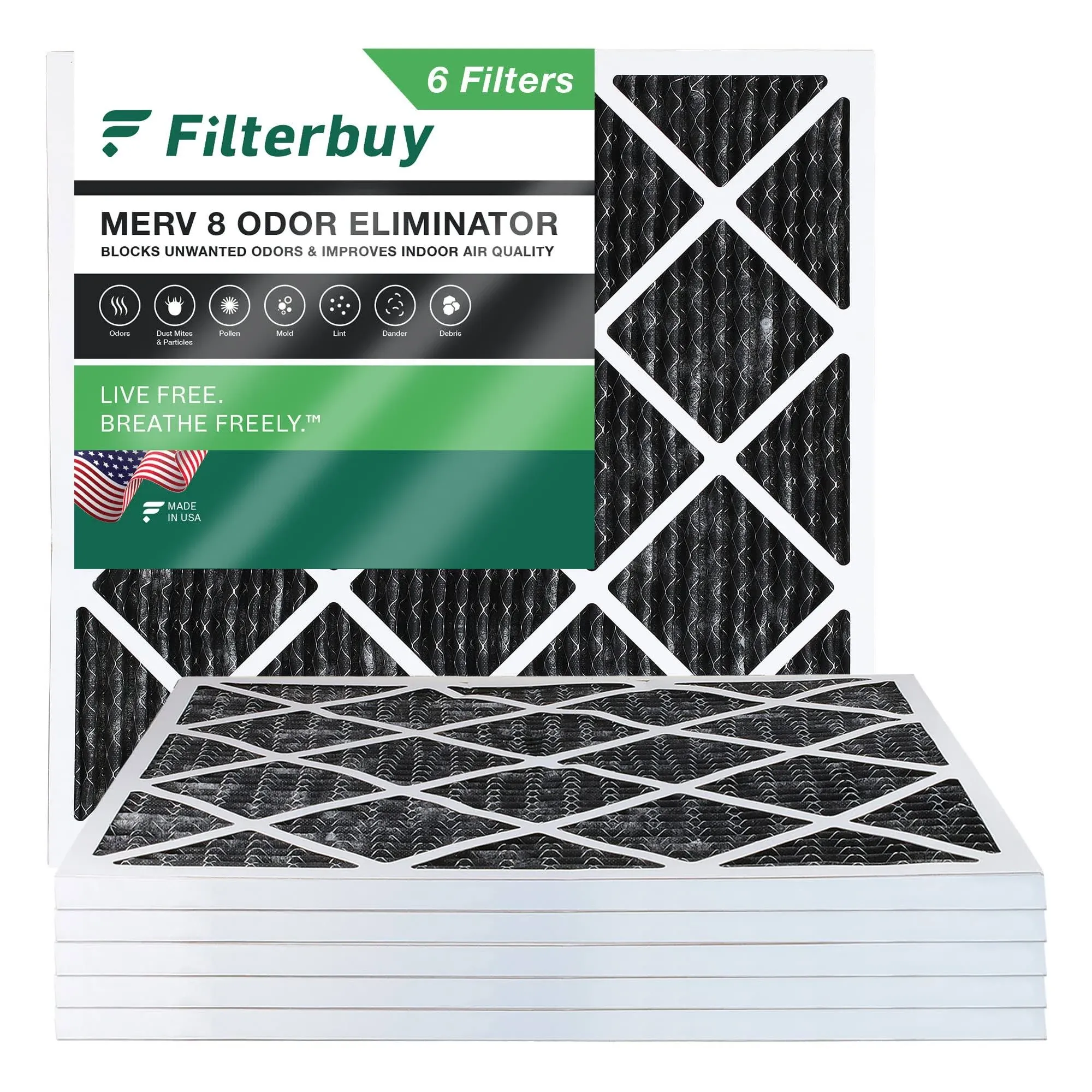 Filterbuy 18x18x1 MERV 8 Odor Eliminator Pleated HVAC AC Furnace Air Filters with Activated Carbon (6-pack)