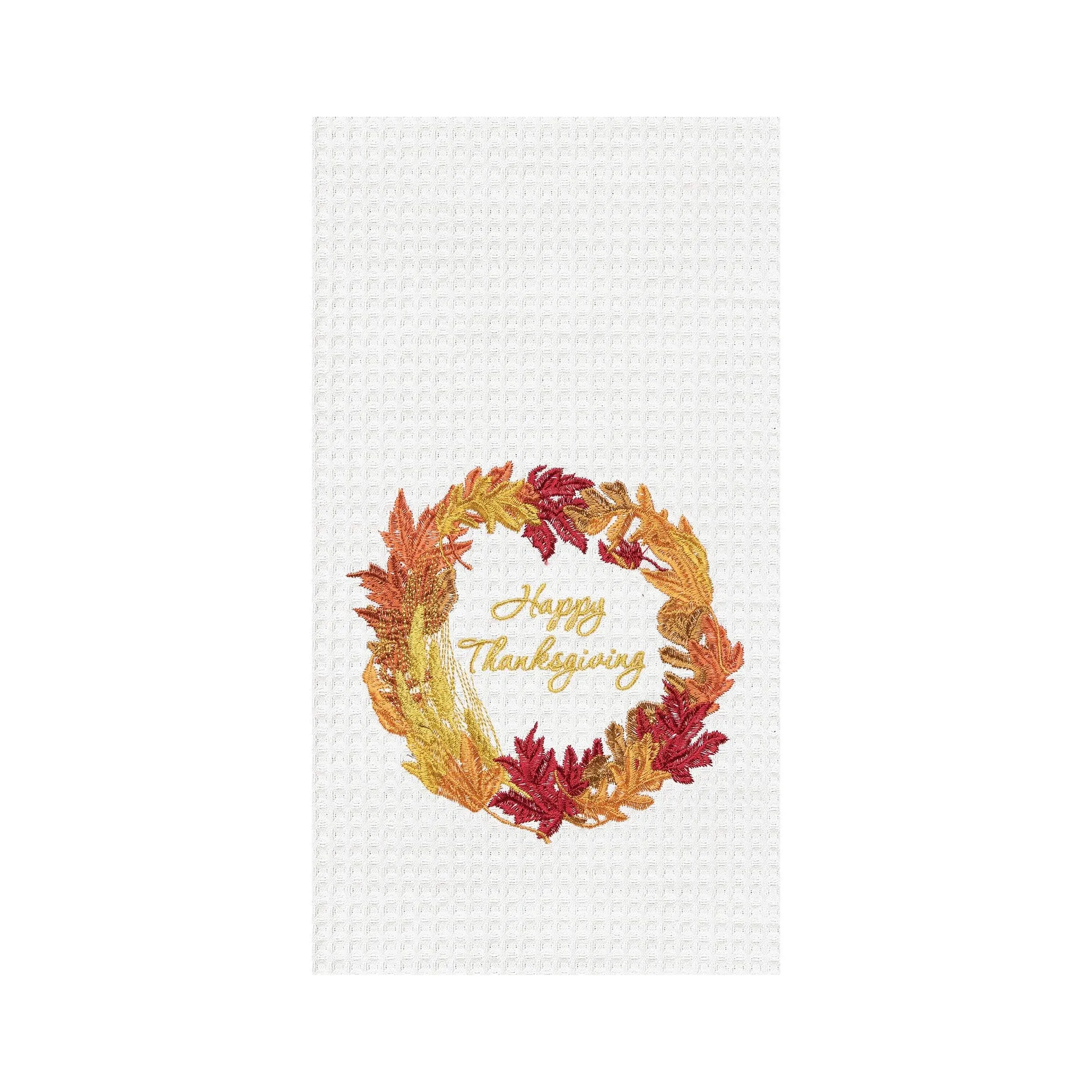 Happy Thanksgiving Fall Wreath Embroidered Kitchen Towel