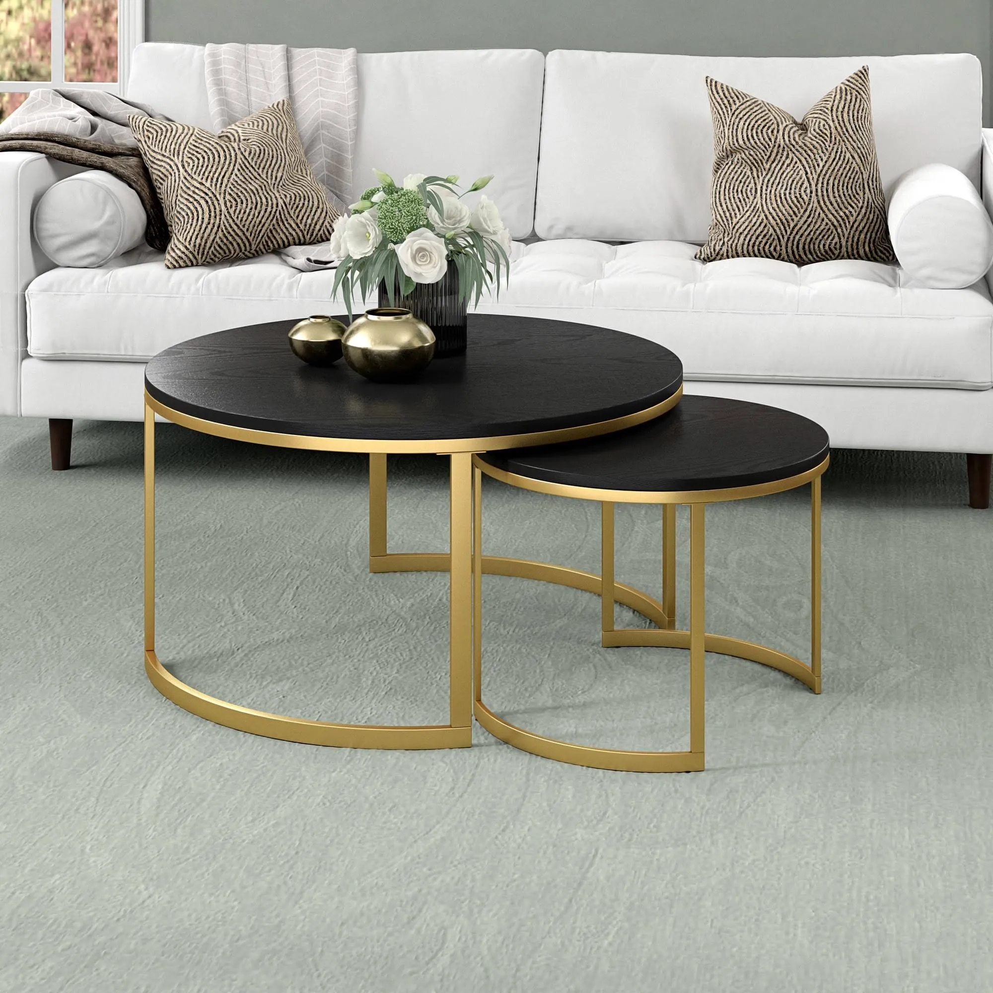 Mitera Round Nested Coffee Table with MDF Top - Brass and Black Grain