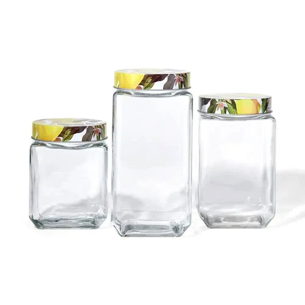 American Atelier Canister Glass Jars w/Printed Design, Meyer Lemons Lids