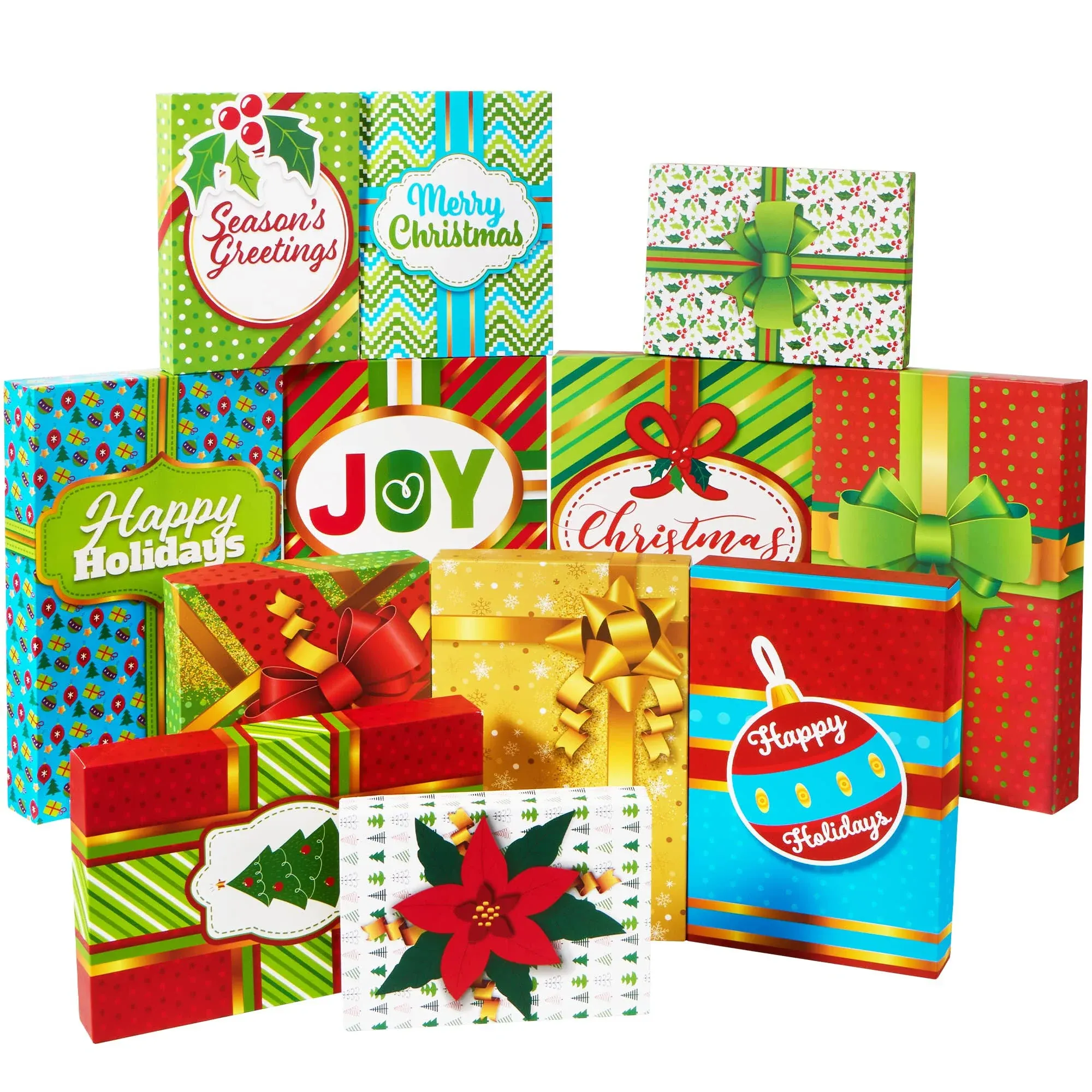 JOYIN 12 Christmas Foil Kraft Gift Boxes with 3 Sizes (Robe, Shirt and Lingerie Boxes) for Xmas Goody Gift Boxes, School Classrooms Party Favors Decoration, Holiday Present Wrap Décor