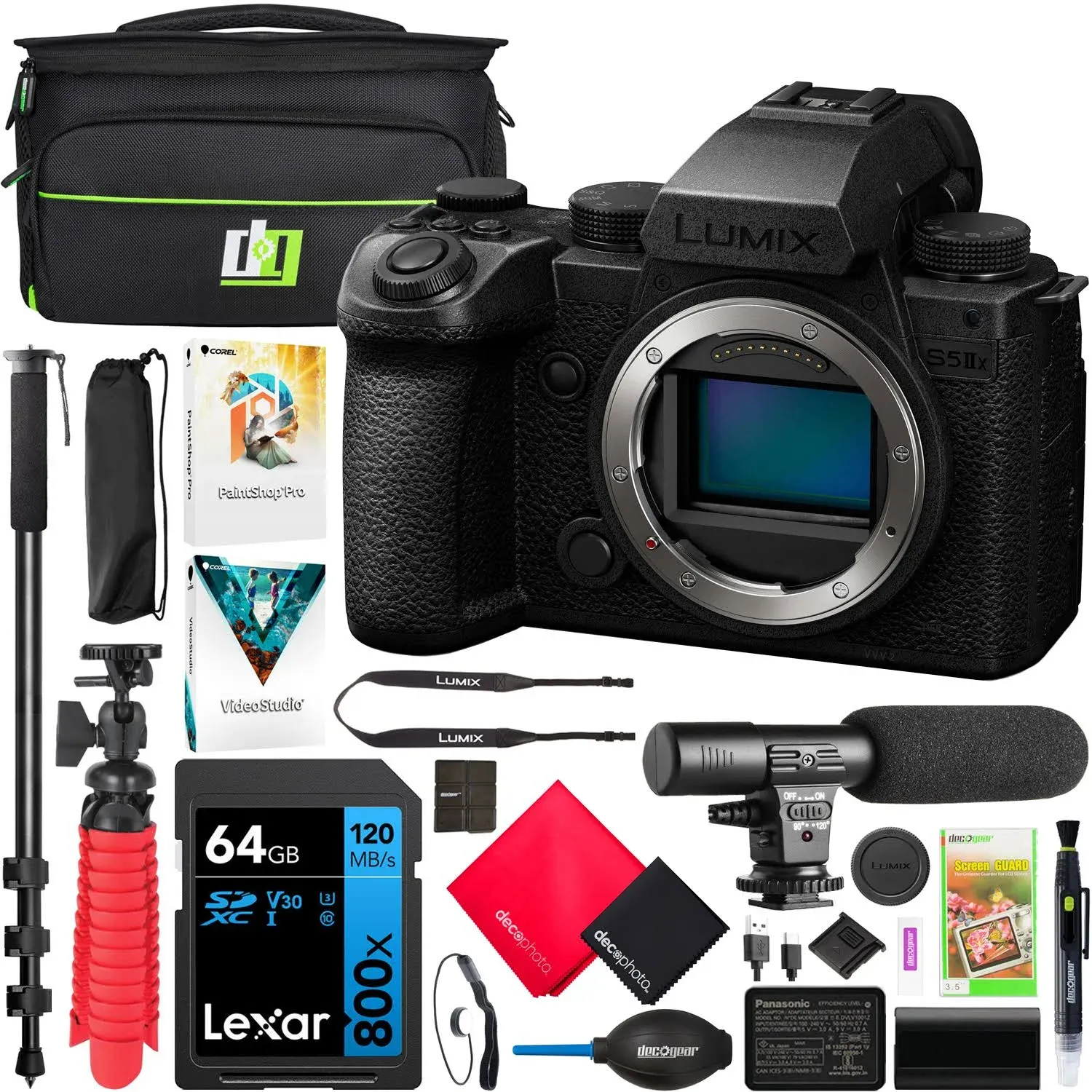 Panasonic LUMIX S5IIX Full Frame Mirrorless Camera Body DC-S5M2XBODY Bundle Including Deco Gear Photography Bag + Microphone + Monopod + 64GB Memory Card + Software Kit and Accessories