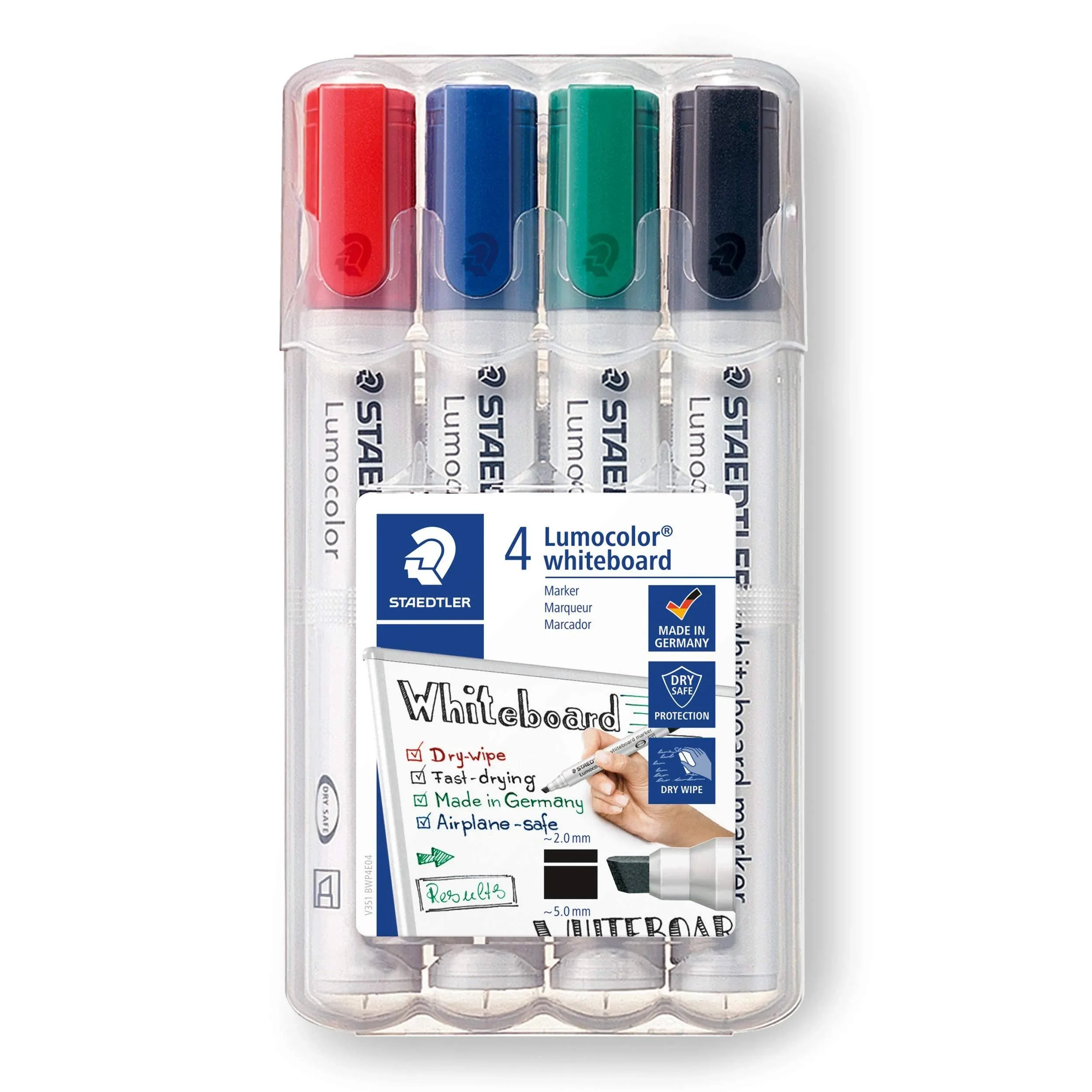 Staedtler Lumocolor Whiteboard Marker, Chisel Tip, Box of 4 Assorted Colors (Red, Blue, Green, Black), 351 WP4