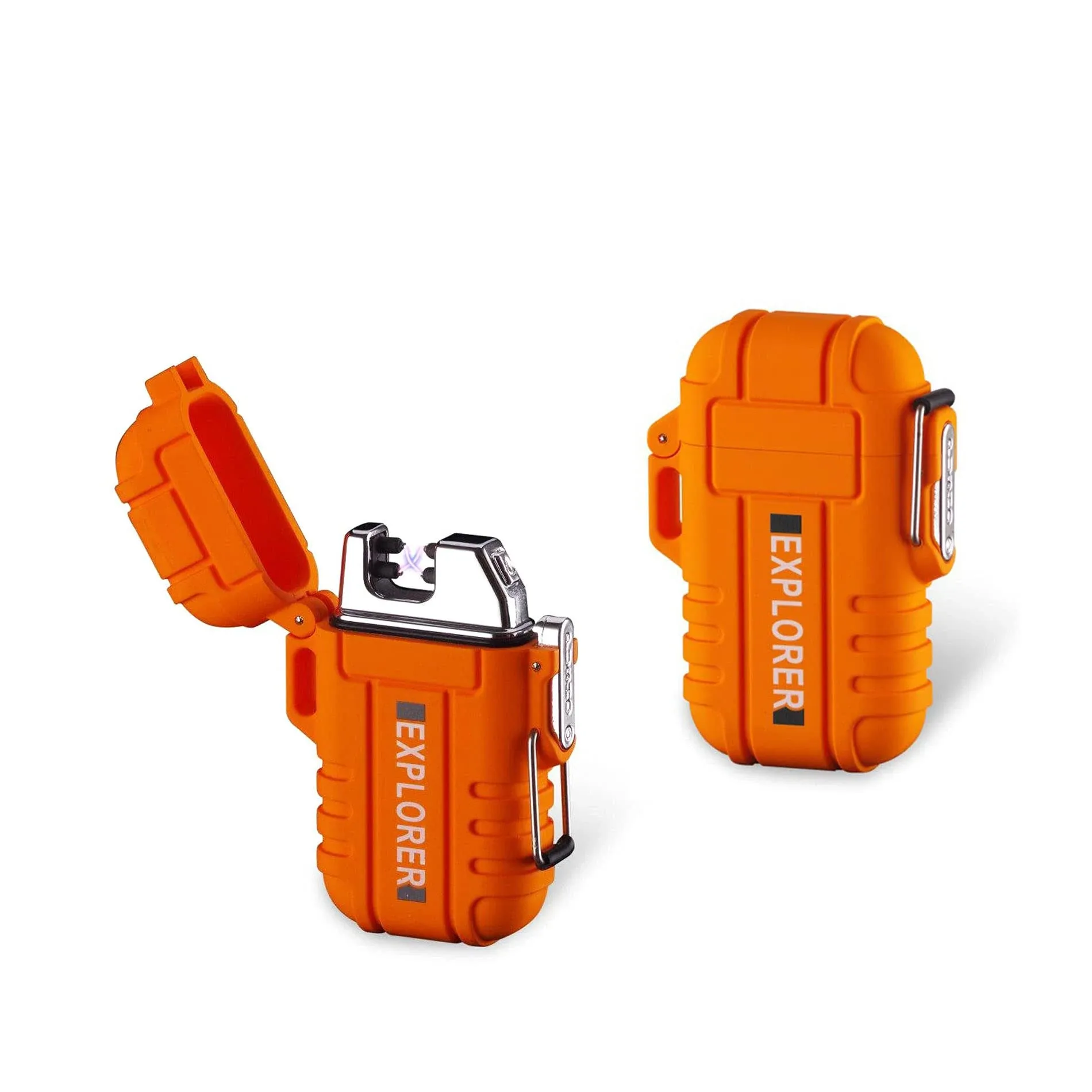 Pack of 2 Dual Arc Plasma Electric Rechargeable Flameless Lighter Waterproof Windproof for Camping, Hiking, Skiing, Outdoor Adventure (Orange)