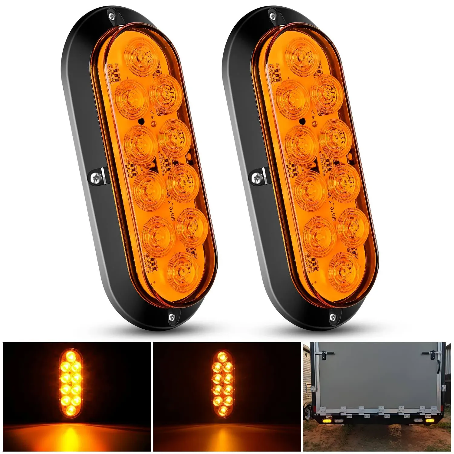 Nilight Trailer Tail Lights 2PCS 10 LED 6&#034; Oval Amber LED Waterproof Turn Signal