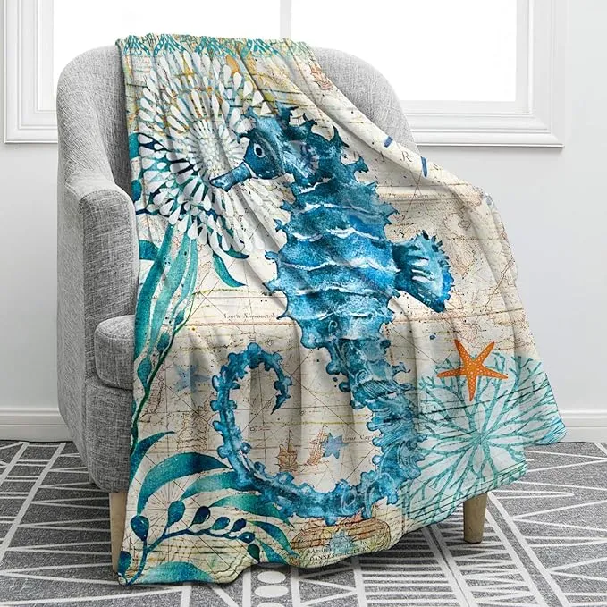 Jekeno Sea Horse Blanket Smooth Soft Ocean Mediterranean Style Print Throw Blanket for Sofa Chair Bed Office Gift Twin 60"x80"