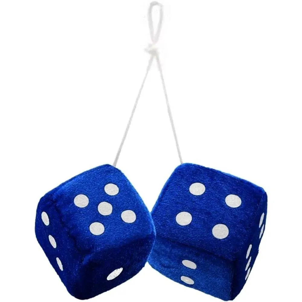 Zone Tech Blue 3" Square Hanging Dice-Soft Fuzzy Decorative Vehicle Hanging Mirror Dice with White Dots - Pair