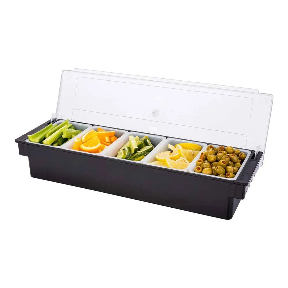 Bar Lux Black Plastic Condiment Caddy - 5 Compartments - 19 1/2" x 6 1/4" x 3 3/4" - 1 count box