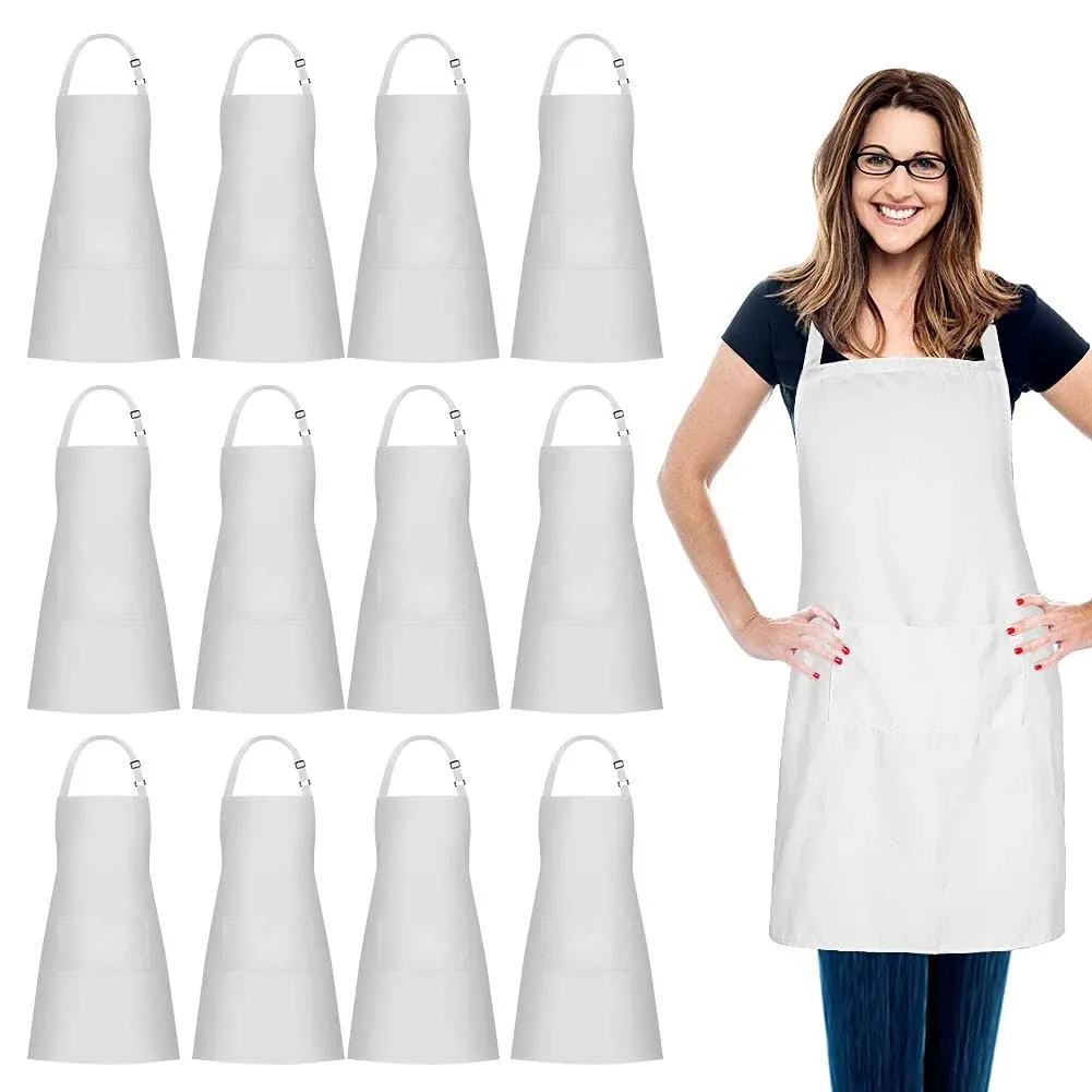 Jubatus 12 Pack 100% Cotton Aprons Bulk with 2 Pockets Cooking Chef Kitchen Adju