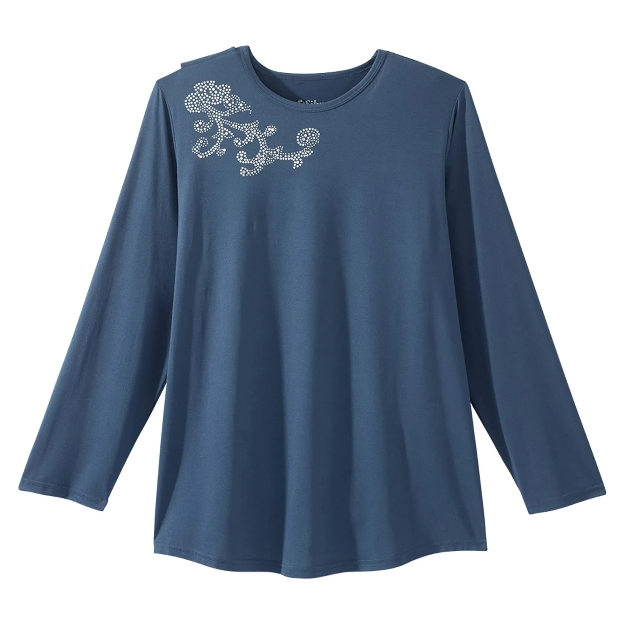 Silverts Women's Open Back Embellished Long Sleeve Top Caribbean Blue