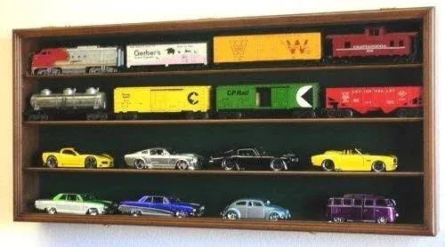 O Scale Train Display Case Cabinet Wall Rack w/UV Protection- Lockable -Walnut